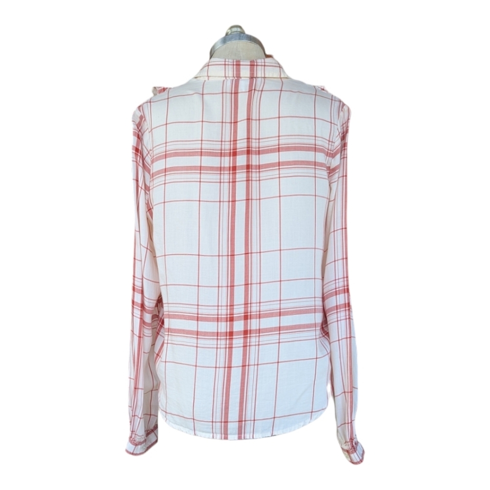 FRAME Plaid Ruffle Button‑Down Shirt Red/Cream Size M - Picture 2 of 10